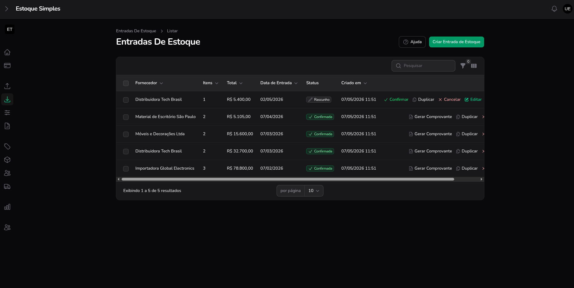 Entradas de Estoque: Recebimentos com três status e estorno automático — Estoque Simples