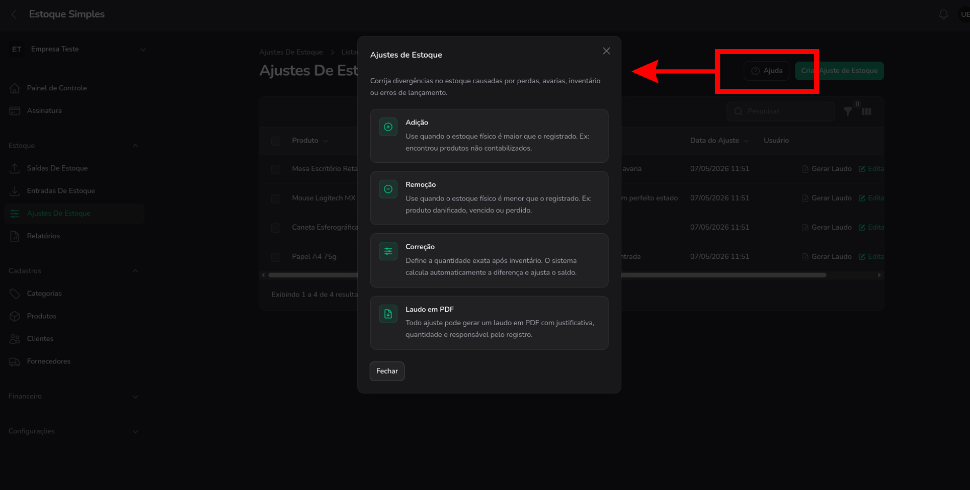Botão de Ajuda: Um clique e o tutorial certo aparece — Estoque Simples
