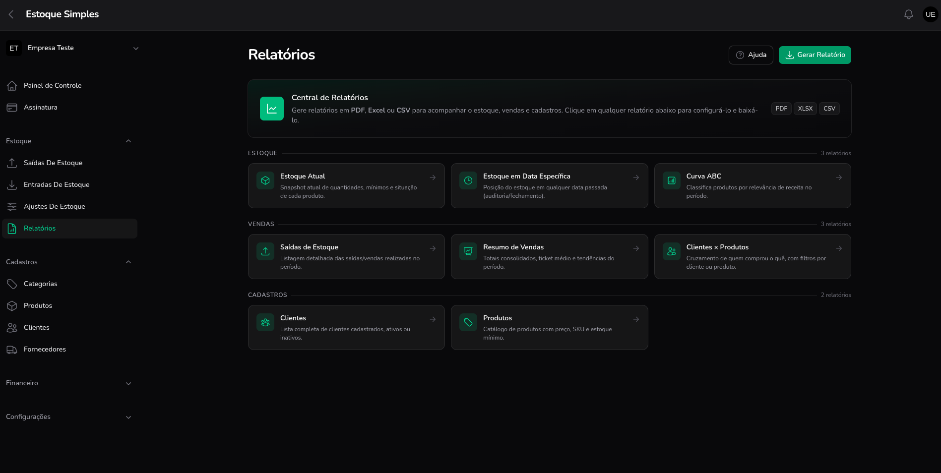 Relatórios: Relatórios prontos para gestão, contabilidade e cobrança — Estoque Simples